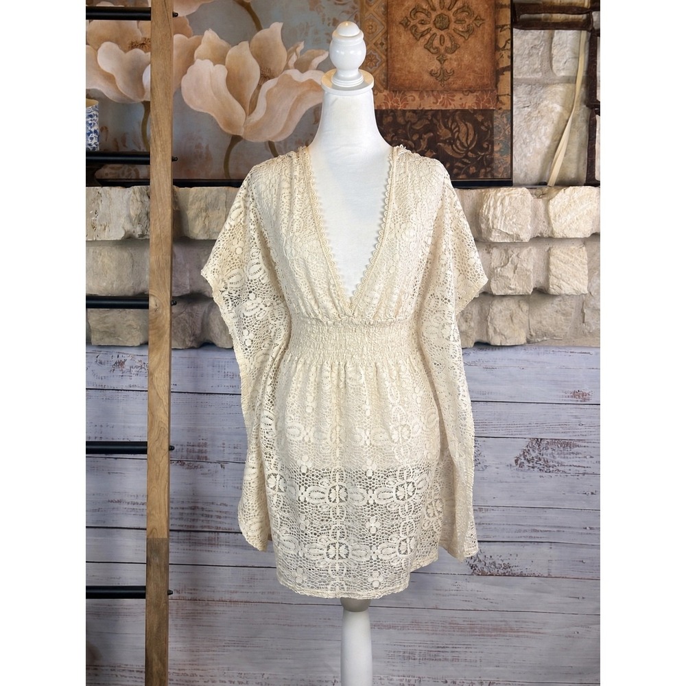 Xhilaration Cream Crochet Boho Overlay Smocked High Waist Orange Tassels Size S